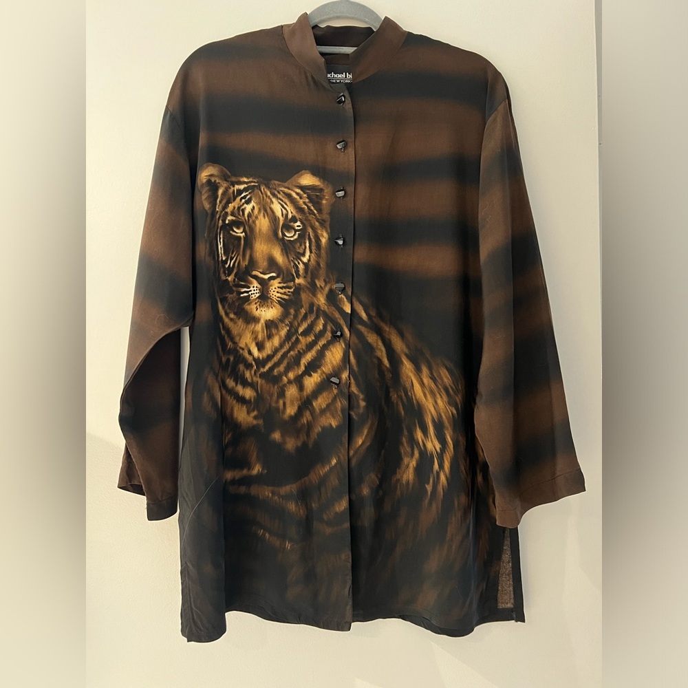 Vintage 80s Michael Blair Tiger Blouse 100% Rayon Shirt Made in USA Animal Print